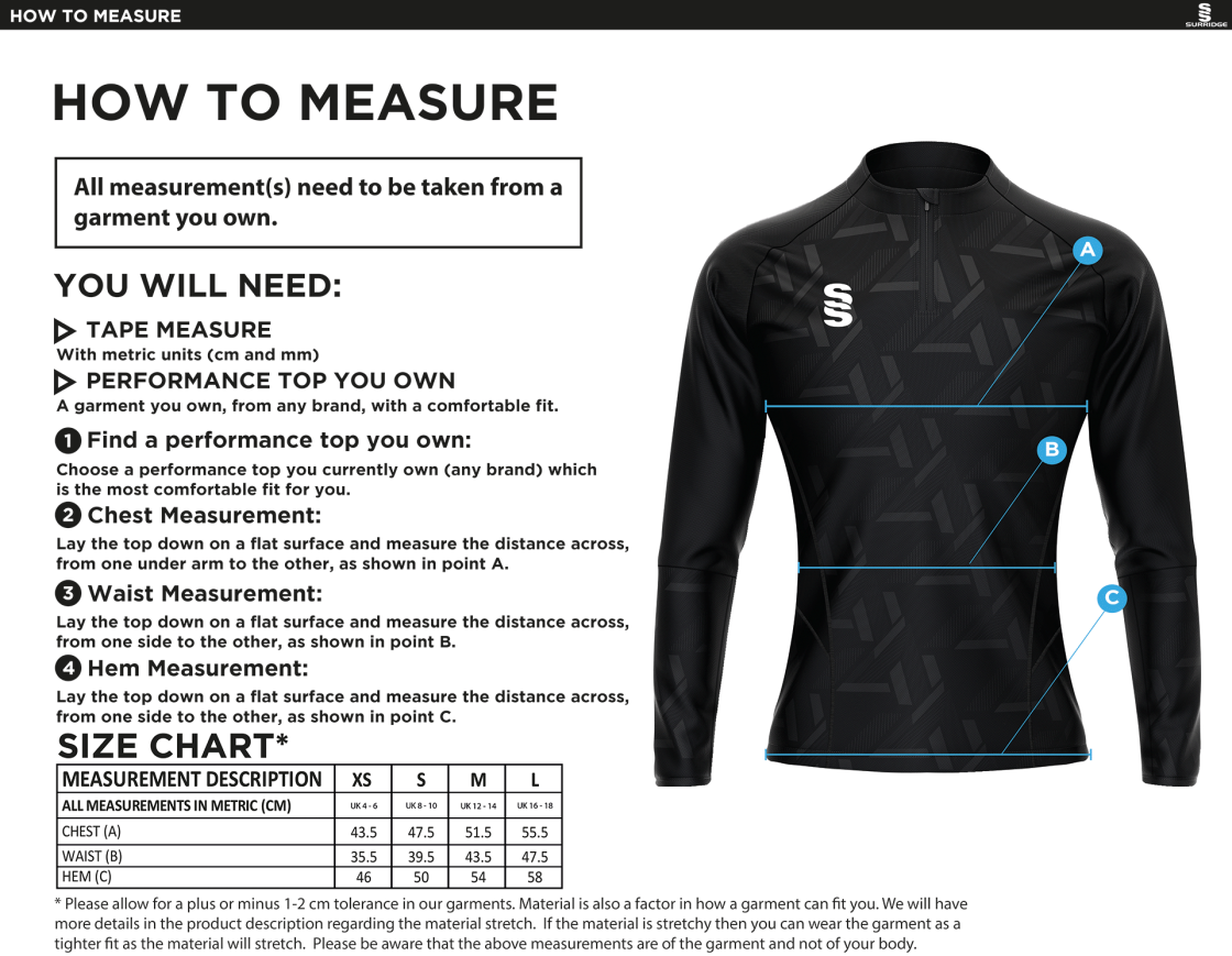 Alvechurch FC - Impact 1/4 Zip Performance Top - Women's Fit - Size Guide