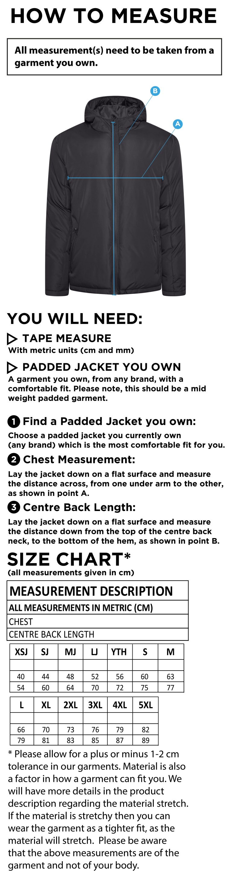 Alvechurch FC - Active Padded Jacket - Black - Size Guide