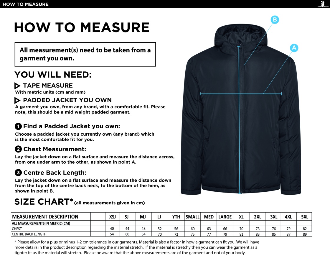 Alvechurch FC - Active Padded Jacket - Black - Size Guide