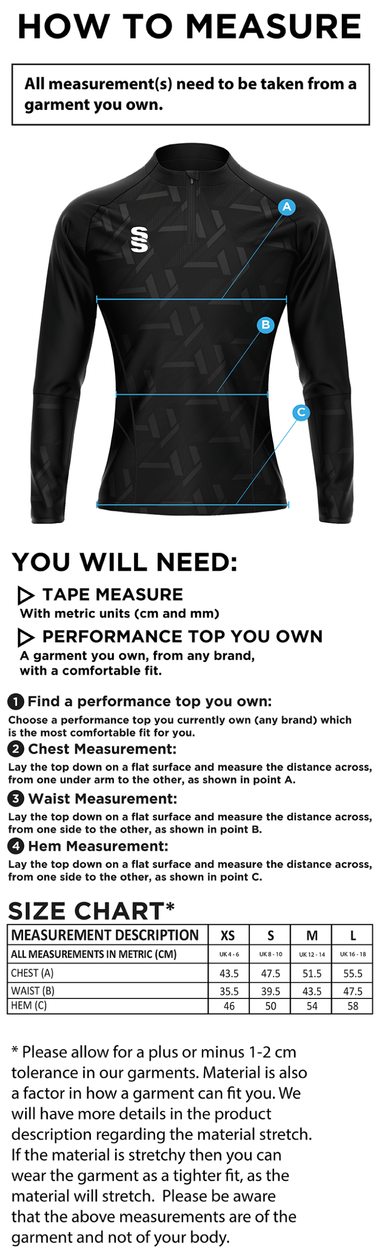 Alvechurch FC - Impact 1/4 Zip Performance Top - Women's Fit - Size Guide
