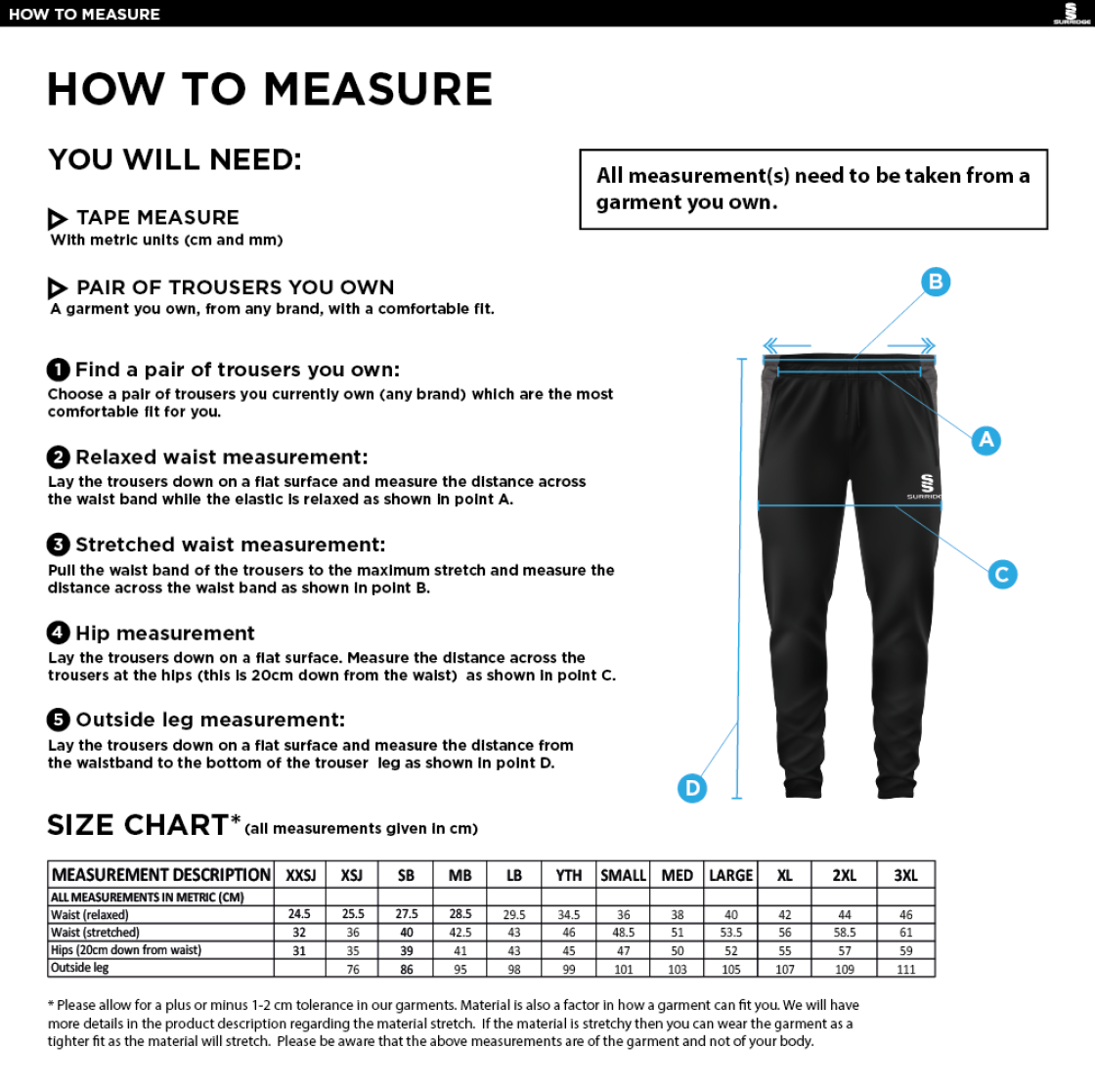 Alvechurch FC - Tek Slim Training Pants - Unisex Fit - Size Guide
