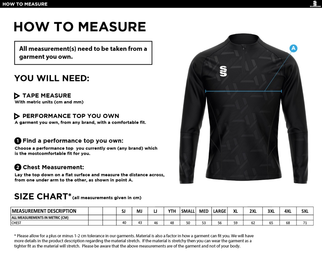 Alvechurch FC - Impact 1/4 Zip Performance Top - Unisex Fit - Size Guide